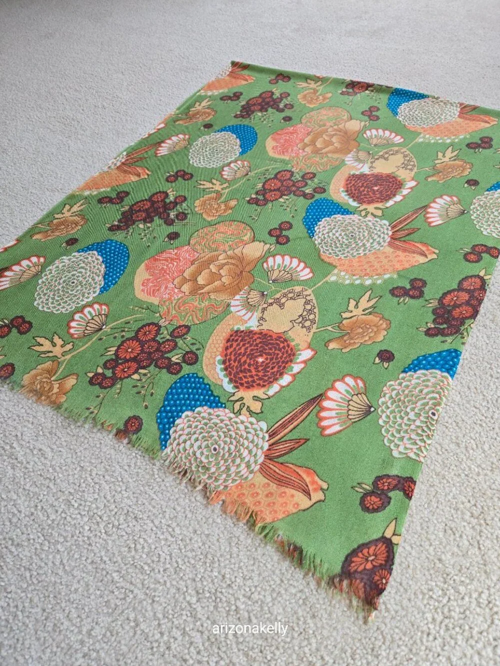 J. Peterman Scarf Wool/Silk Blend Botanical Flowers Green